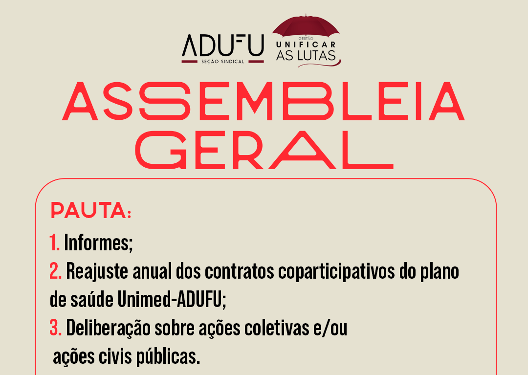 Assembleia Geral da ADUFU ocorre na próxima segunda, 23/03
